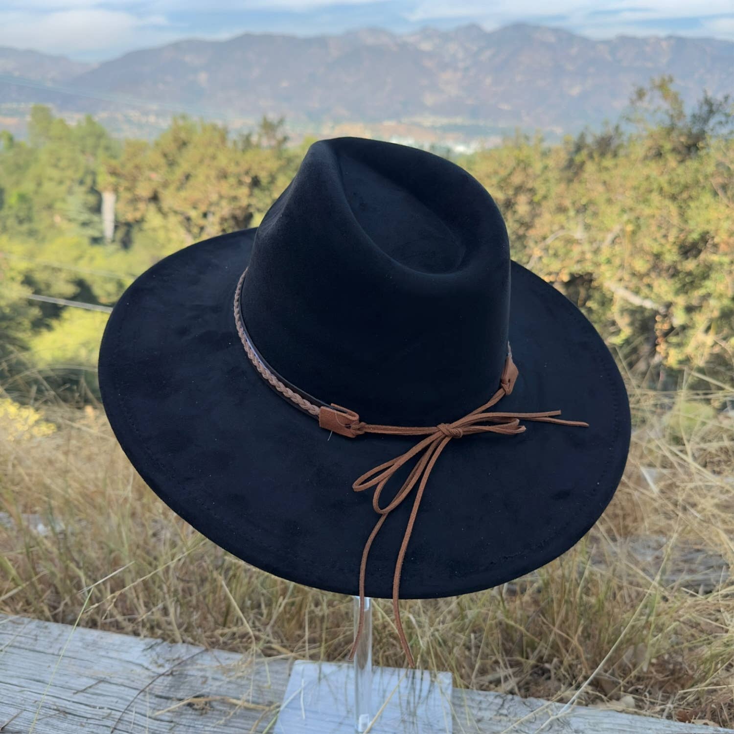 Classic Wide Brim Suede Hat With Braided Suede Belt