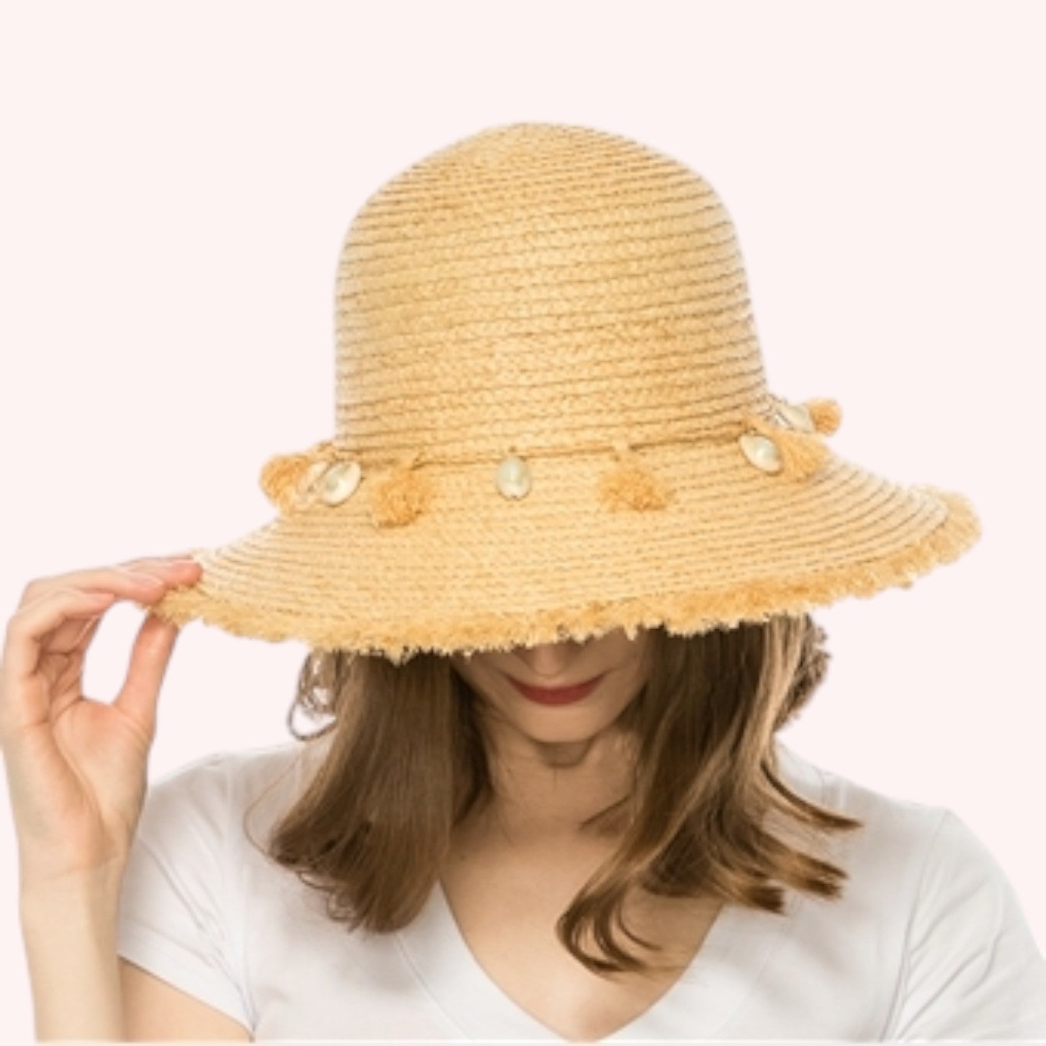 Raffia Fringe Bucket Hat with Shells