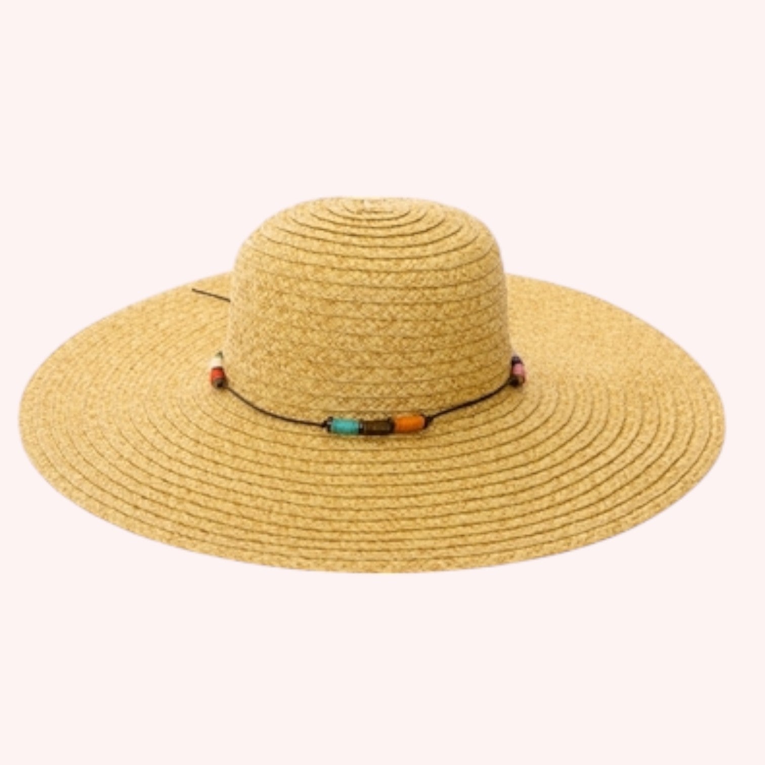 Straw Wide Brim Hat w/ Colorful Wrapped Beads