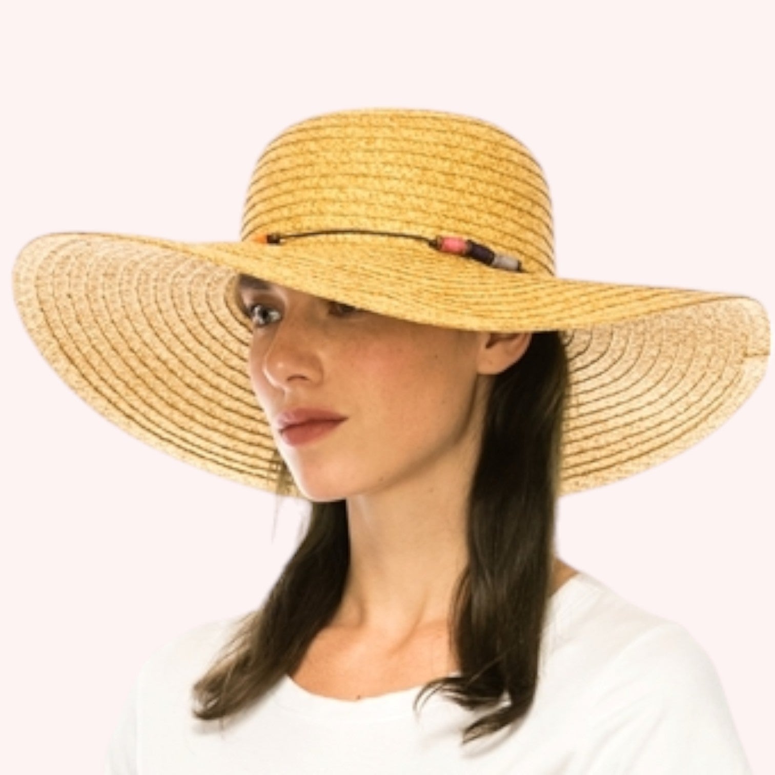 Straw Wide Brim Hat w/ Colorful Wrapped Beads
