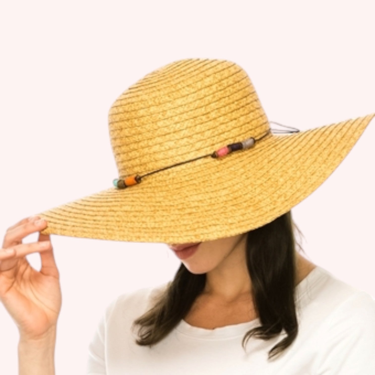 Straw Wide Brim Hat w/ Colorful Wrapped Beads