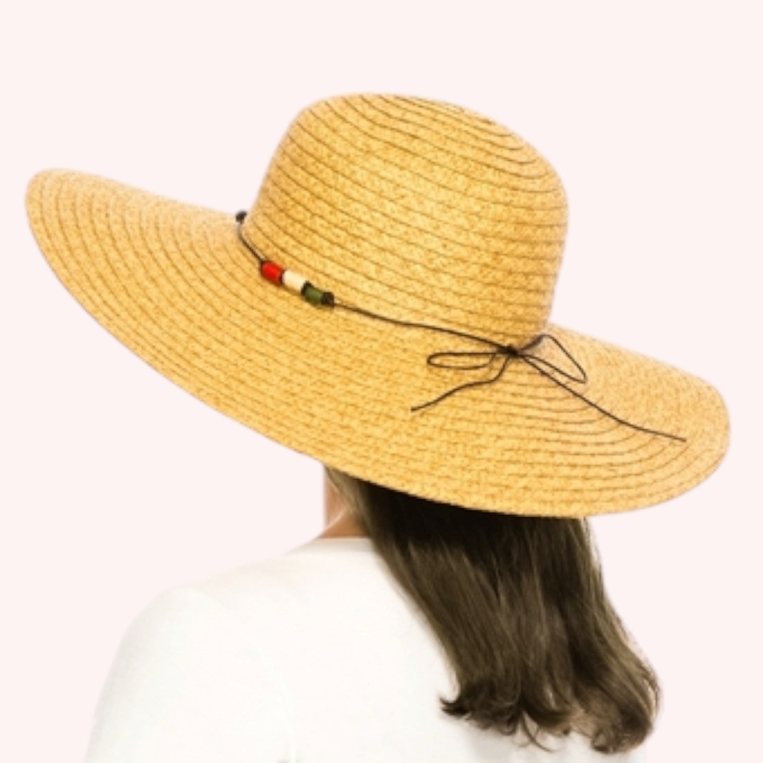 Straw Wide Brim Hat w/ Colorful Wrapped Beads