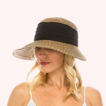 Face Framer Sun Hat w/ Pleated Chiffon Band