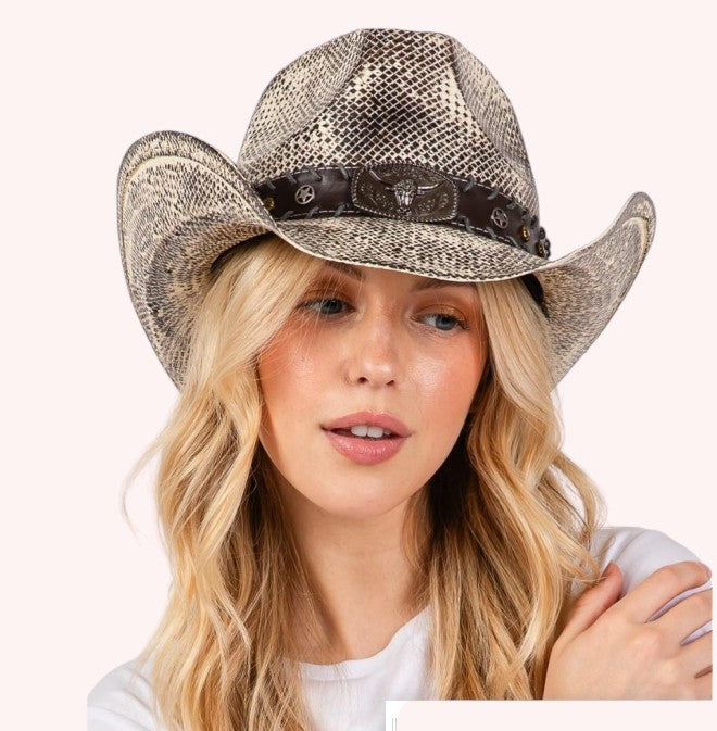VINTAGE COWBOY HAT WITH WESTERN BULL AND STUD FAUX LEATHER BAND
