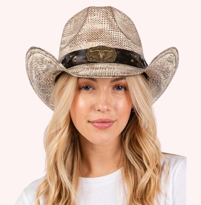 VINTAGE COWBOY HAT WITH WESTERN BULL AND STUD FAUX LEATHER BAND