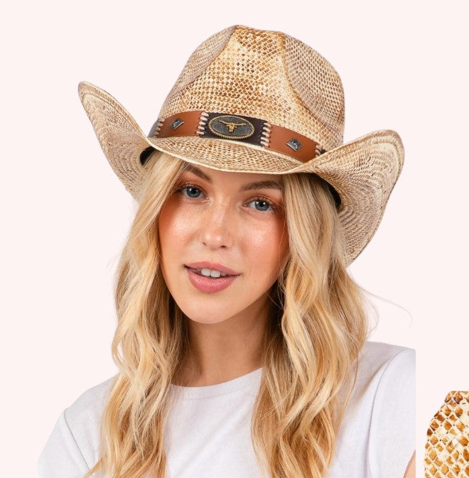 VINTAGE COWBOY HAT WITH WESTERN BULL AND STUD FAUX LEATHER BAND (Copy)