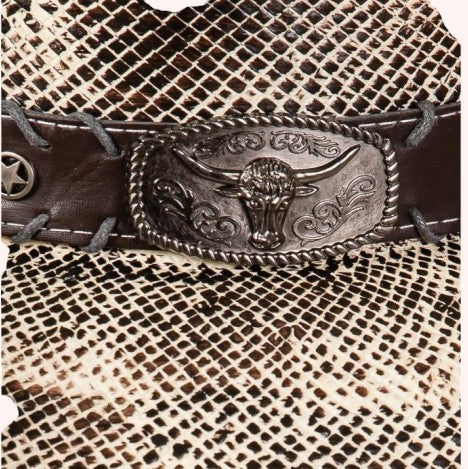 VINTAGE COWBOY HAT WITH WESTERN BULL AND STUD FAUX LEATHER BAND