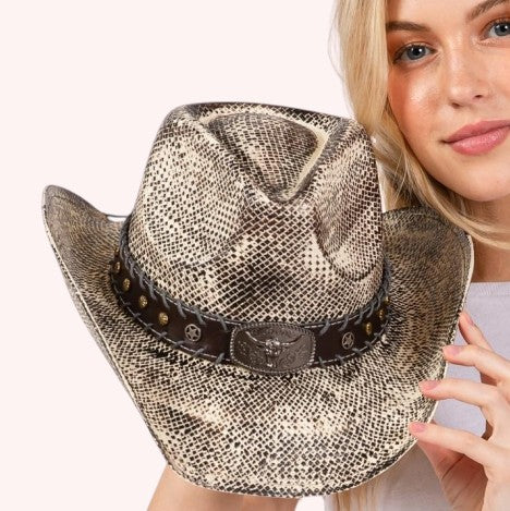 VINTAGE COWBOY HAT WITH WESTERN BULL AND STUD FAUX LEATHER BAND