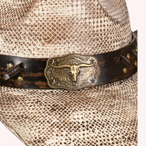 VINTAGE COWBOY HAT WITH WESTERN BULL AND STUD FAUX LEATHER BAND