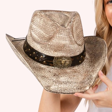 VINTAGE COWBOY HAT WITH WESTERN BULL AND STUD FAUX LEATHER BAND