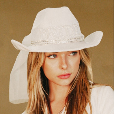 Pearl Rhinestone Stud Ribbon Bride Cowboy Hat