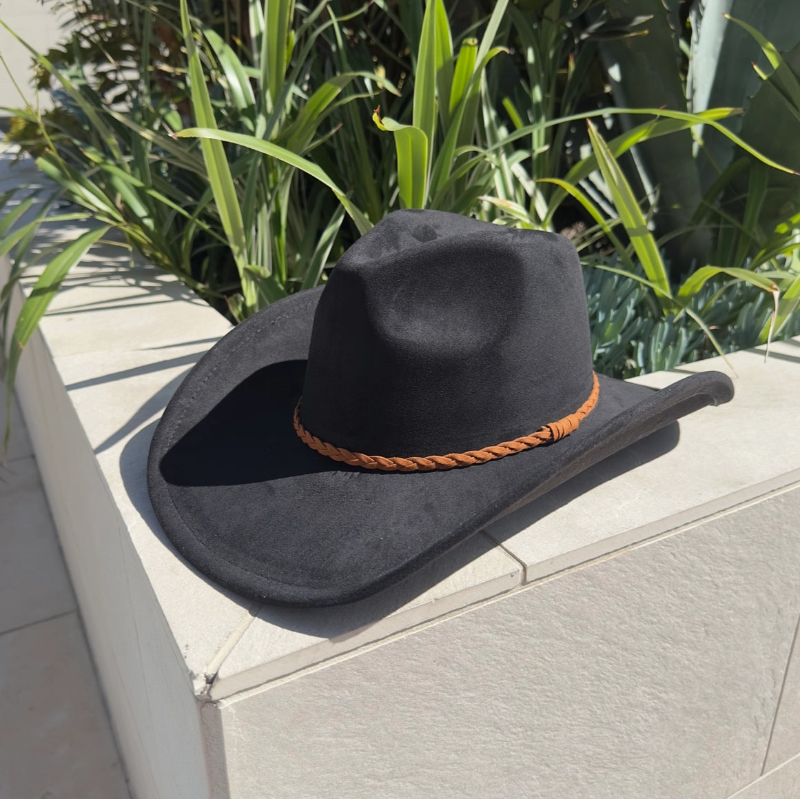 Fashion Vegan Suede Cowboy Hat W/ Braided Suede Strap.
