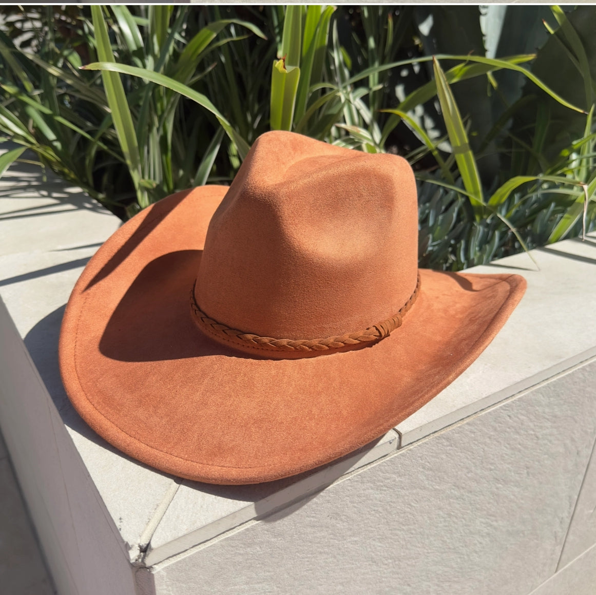 Fashion Vegan Suede Cowboy Hat W/ Braided Suede Strap.