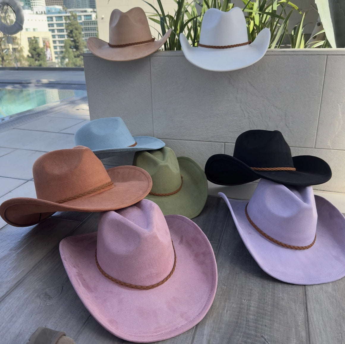 Fashion Vegan Suede Cowboy Hat W/ Braided Suede Strap.