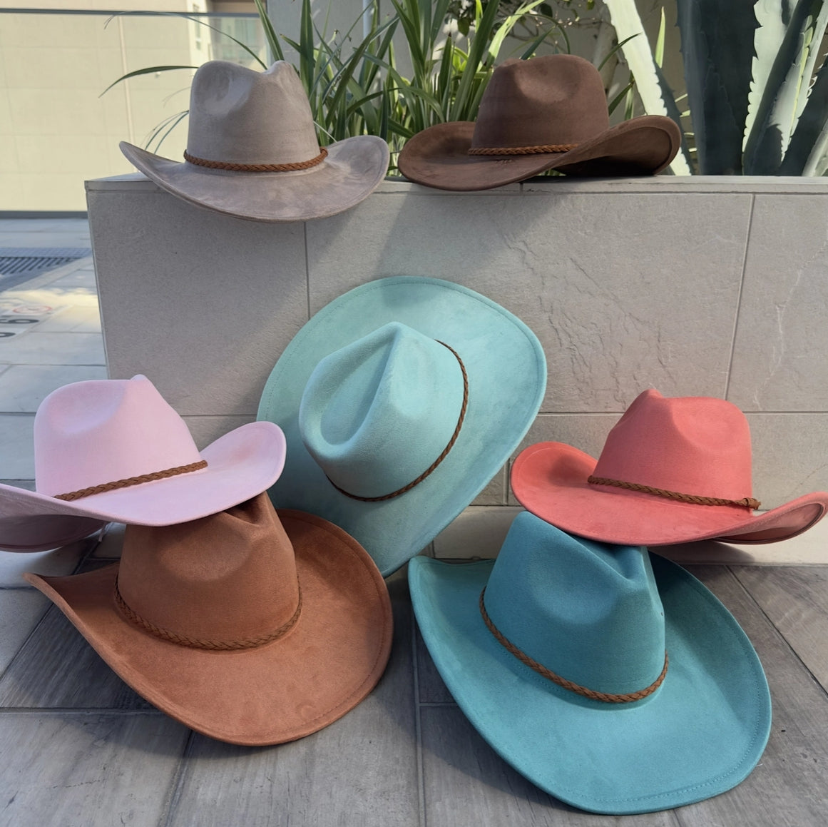 Fashion Vegan Suede Cowboy Hat W/ Braided Suede Strap.