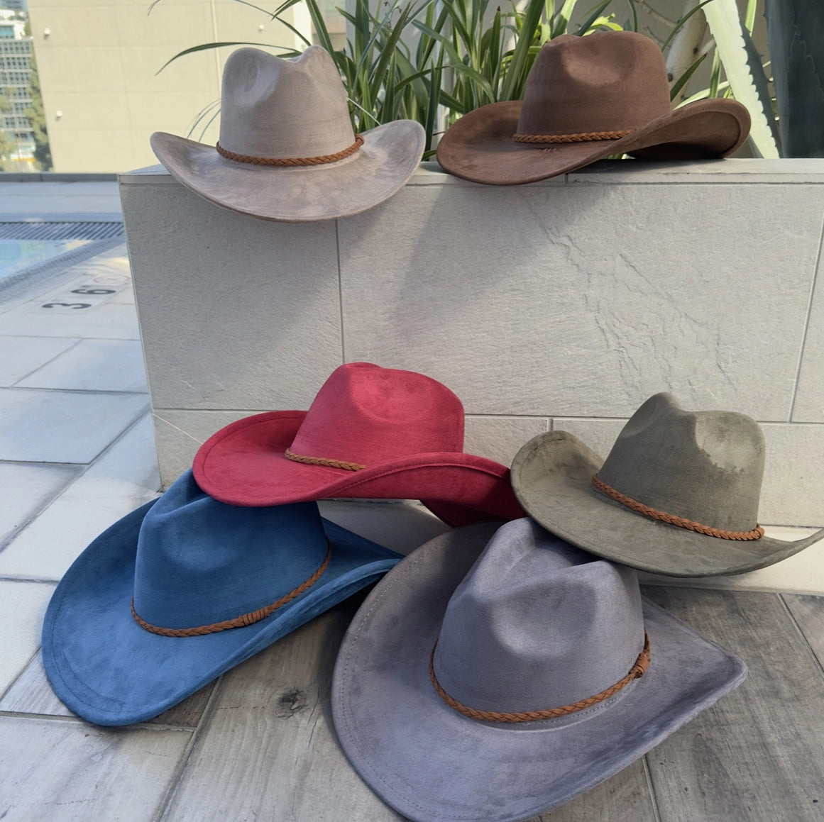 Fashion Vegan Suede Cowboy Hat W/ Braided Suede Strap.