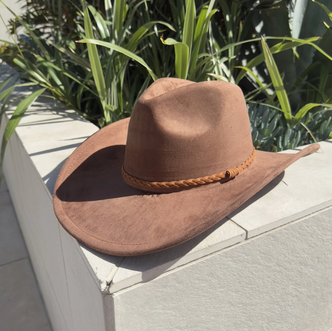 Fashion Vegan Suede Cowboy Hat W/ Braided Suede Strap.