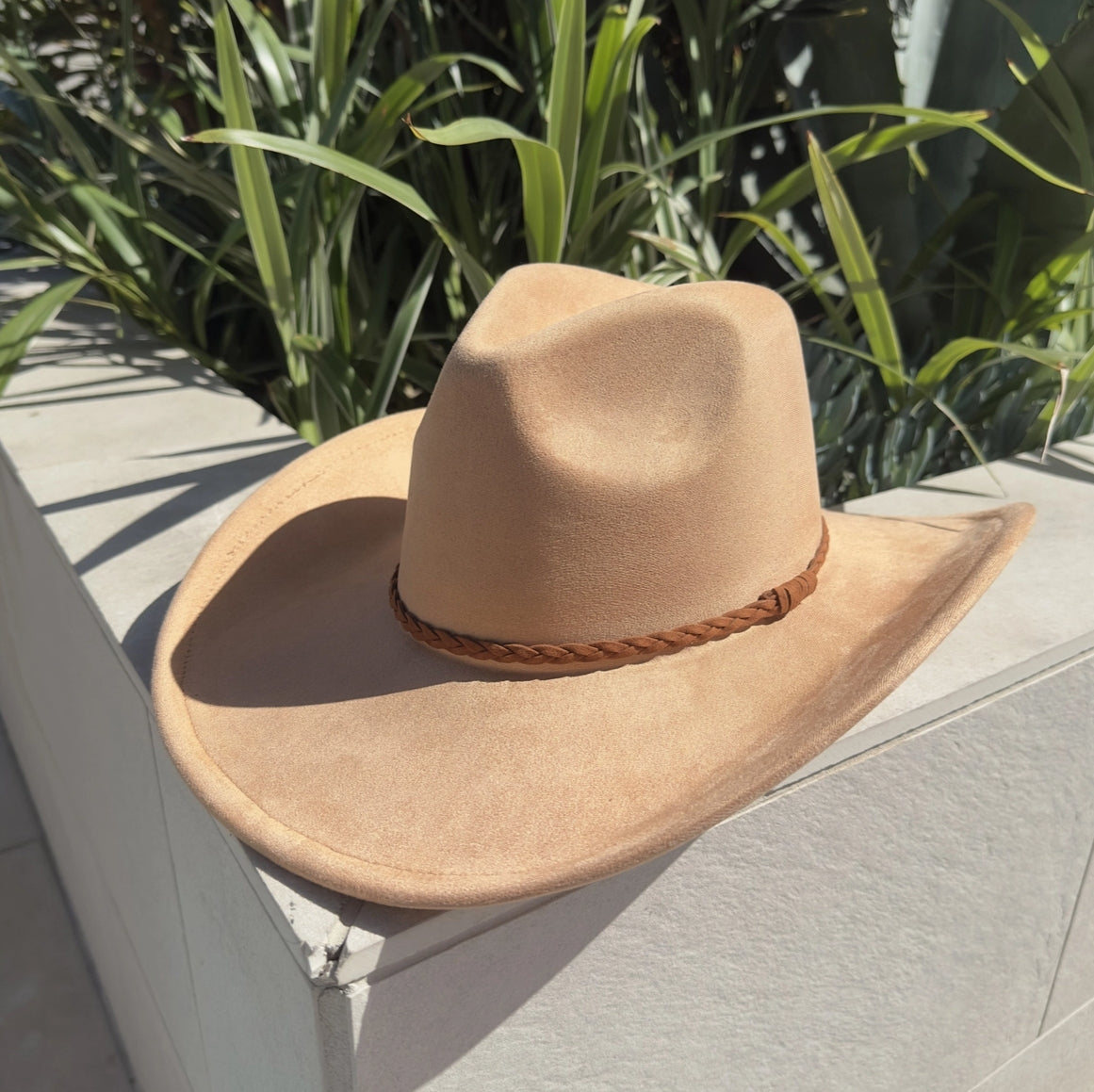 Fashion Vegan Suede Cowboy Hat W/ Braided Suede Strap.