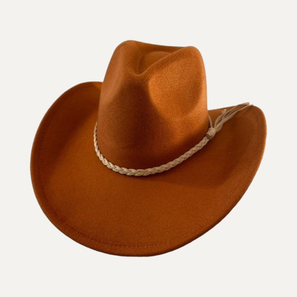 Vegan Felt Cowboy Hat with Braided Suede Belt in Camel