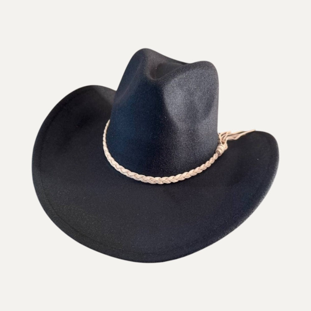 Vegan Felt Cowboy Hat with Braided Suede Belt in Camel