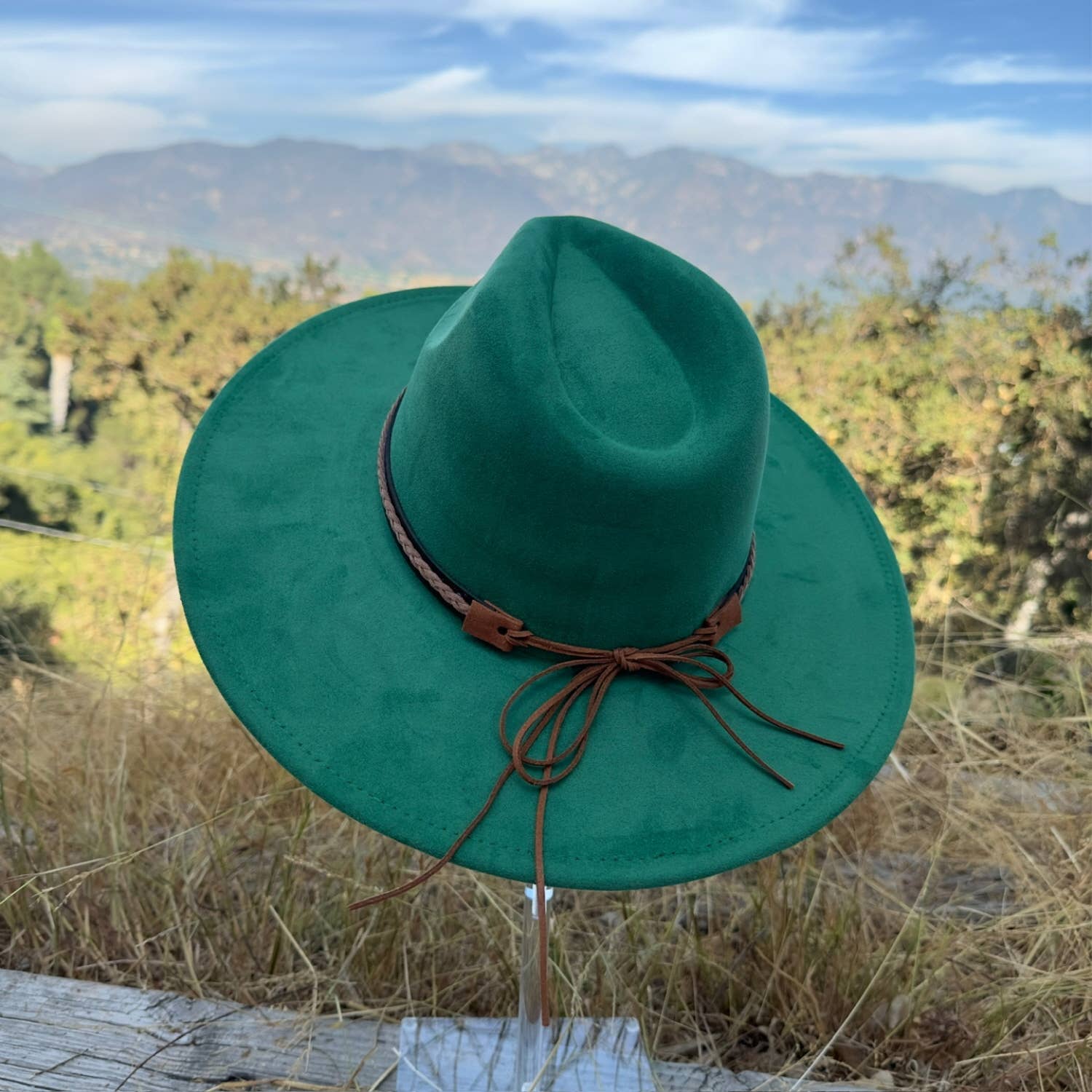 Classic Wide Brim Suede Hat With Braided Suede Belt