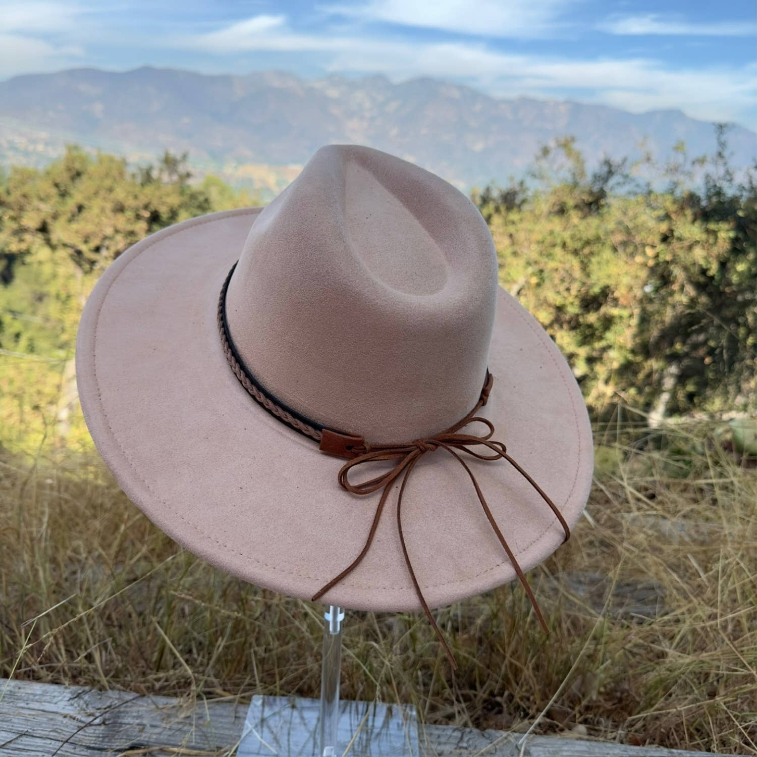 Classic Wide Brim Suede Hat With Braided Suede Belt