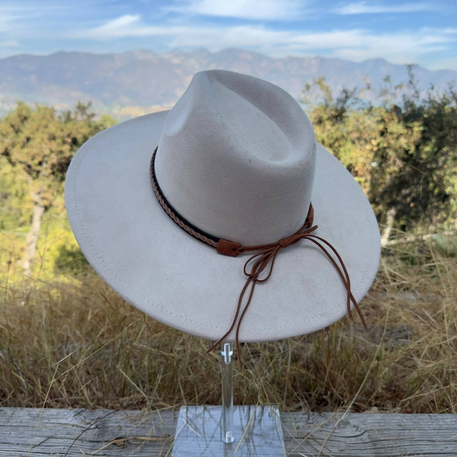 Classic Wide Brim Suede Hat With Braided Suede Belt