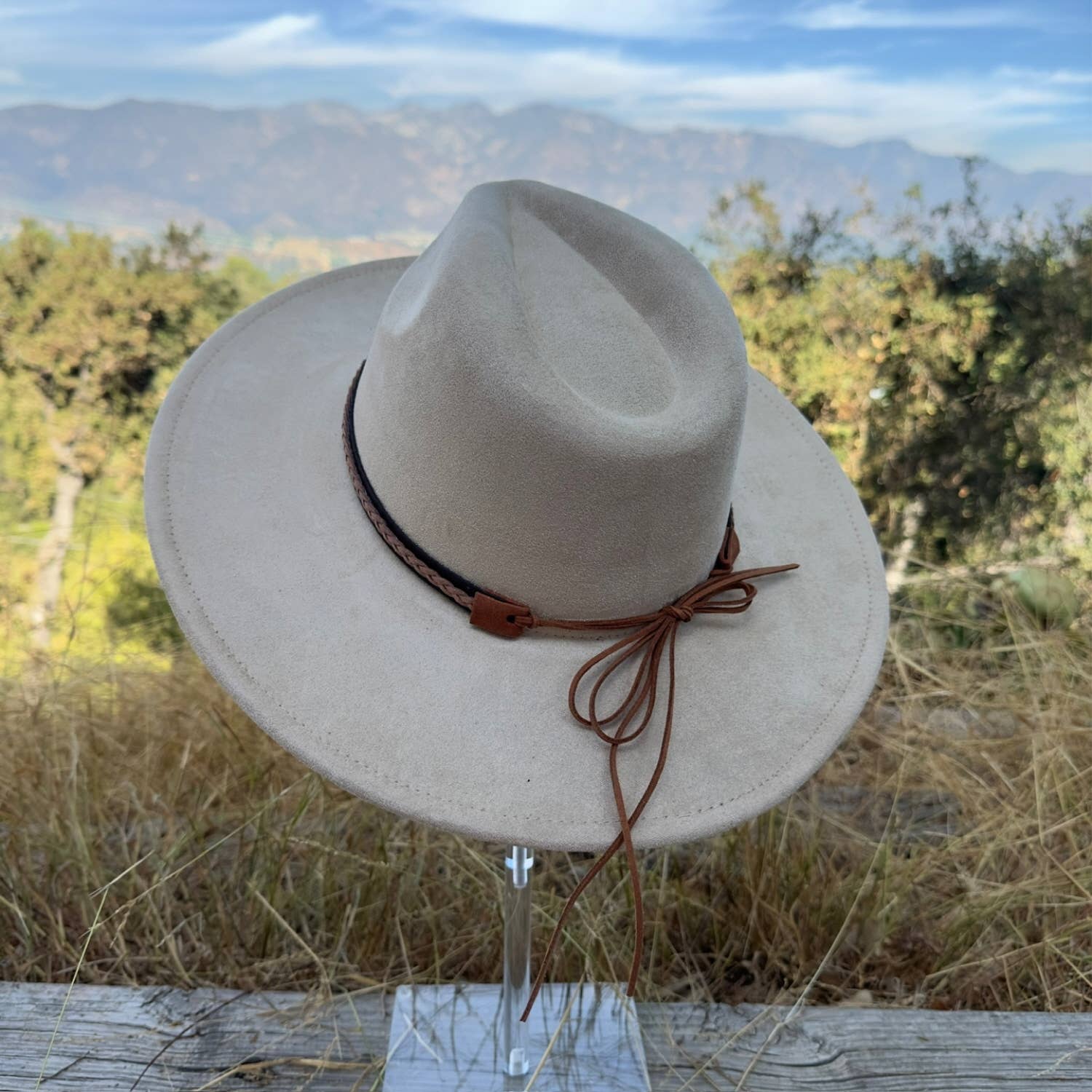 Classic Wide Brim Suede Hat With Braided Suede Belt