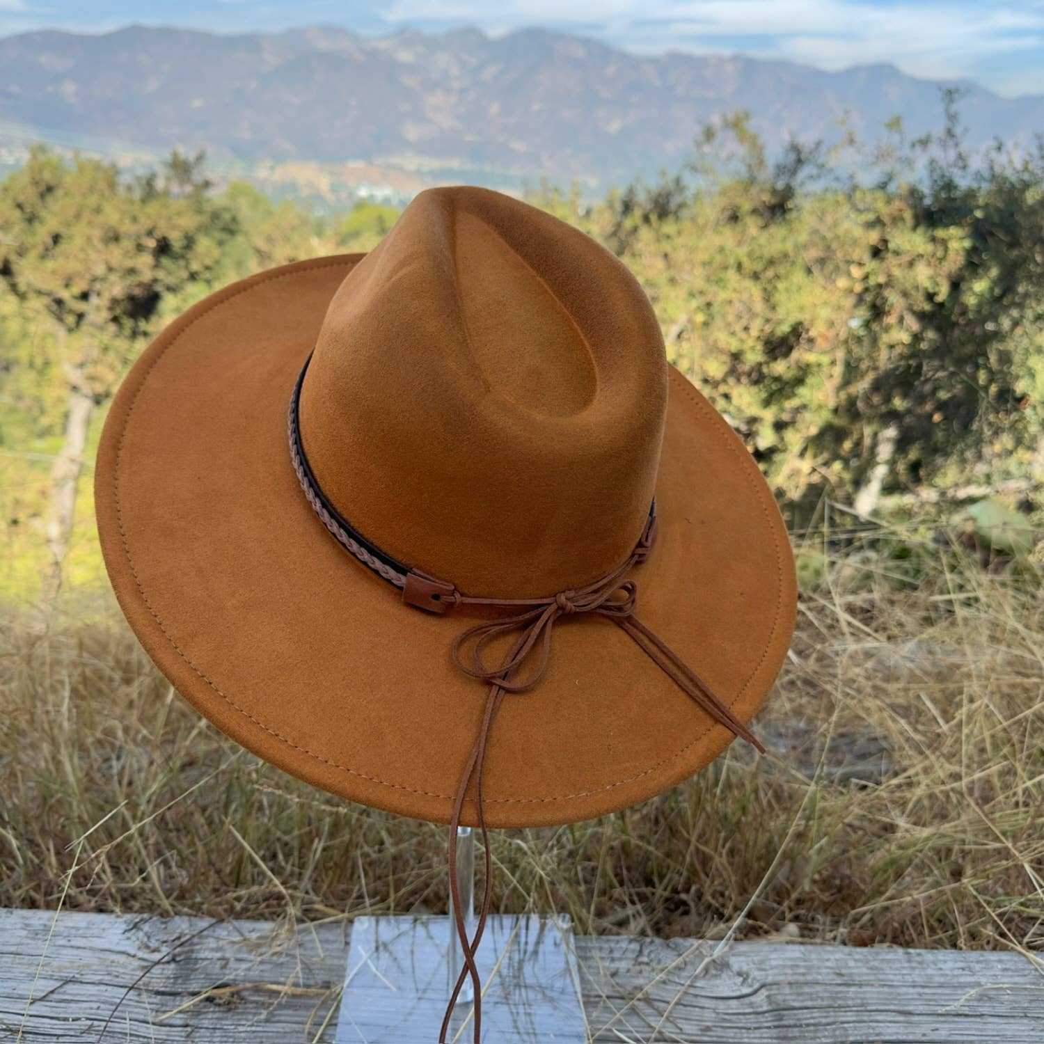 Classic Wide Brim Suede Hat With Braided Suede Belt