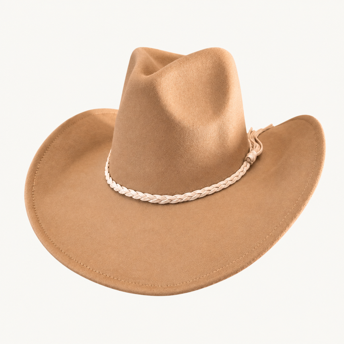 Vegan Felt Cowboy Hat with Braided Suede Belt in Camel