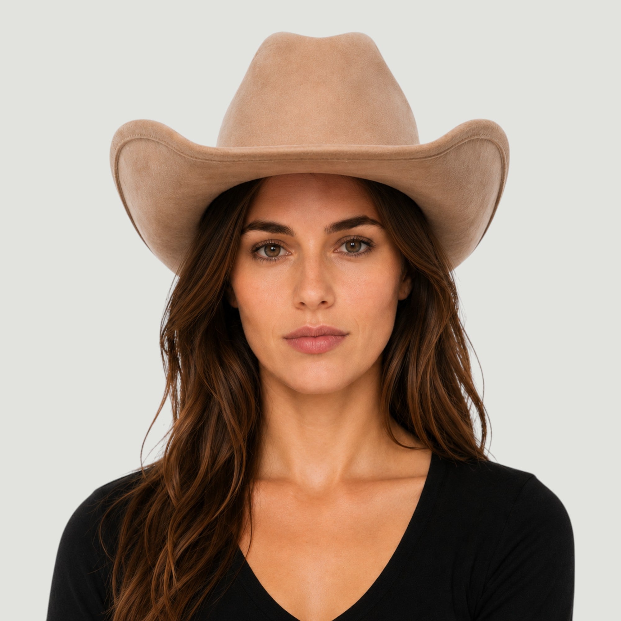 Structured vegan Suede cattleman cowboy hat with shapeable brim. Perfect for western, boho, and festival looks. Adjustable fit
