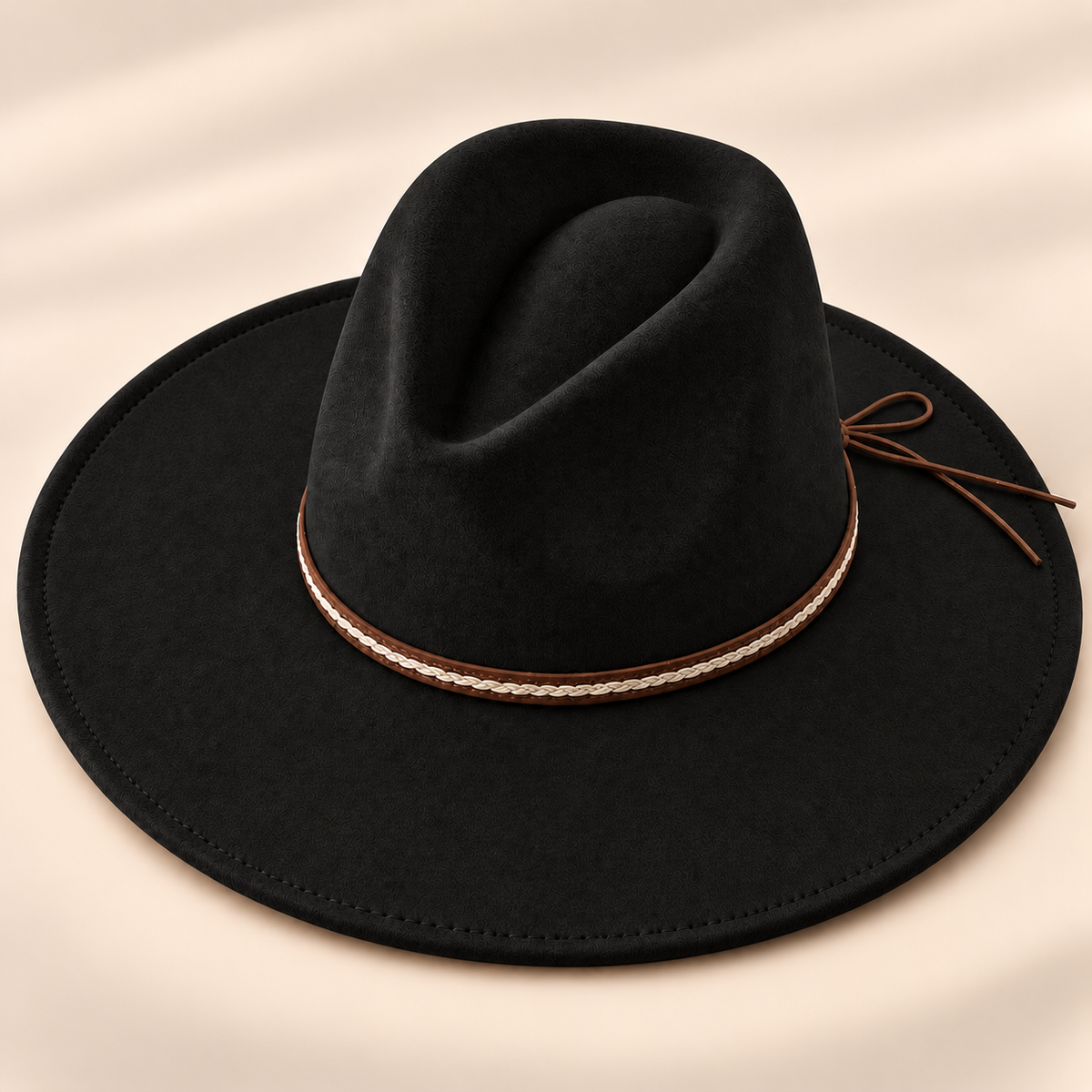 Vegan Felt Flat Brim Rancher Hat w/ Tie Cord Band
