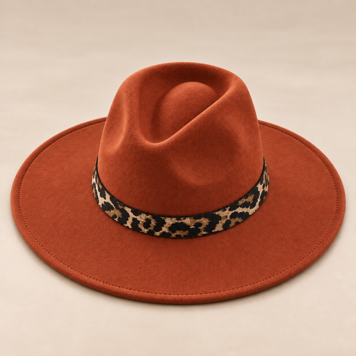 Vegan Felt Flat Brim Rancher Hat with Leopard Print Band
