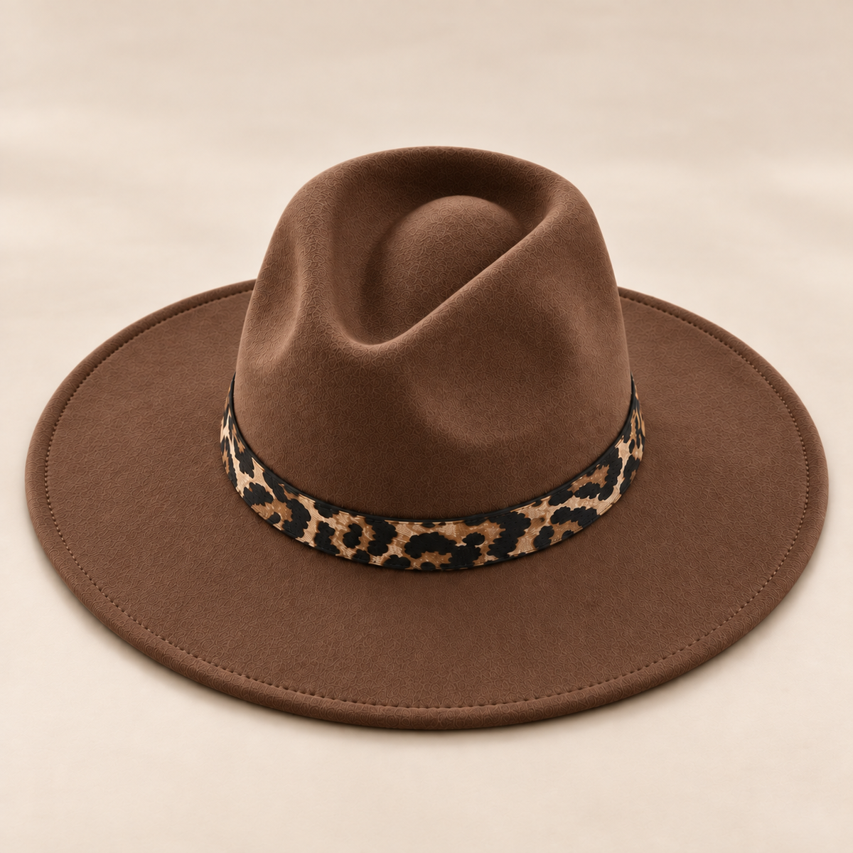 Vegan Felt Flat Brim Rancher Hat with Leopard Print Band