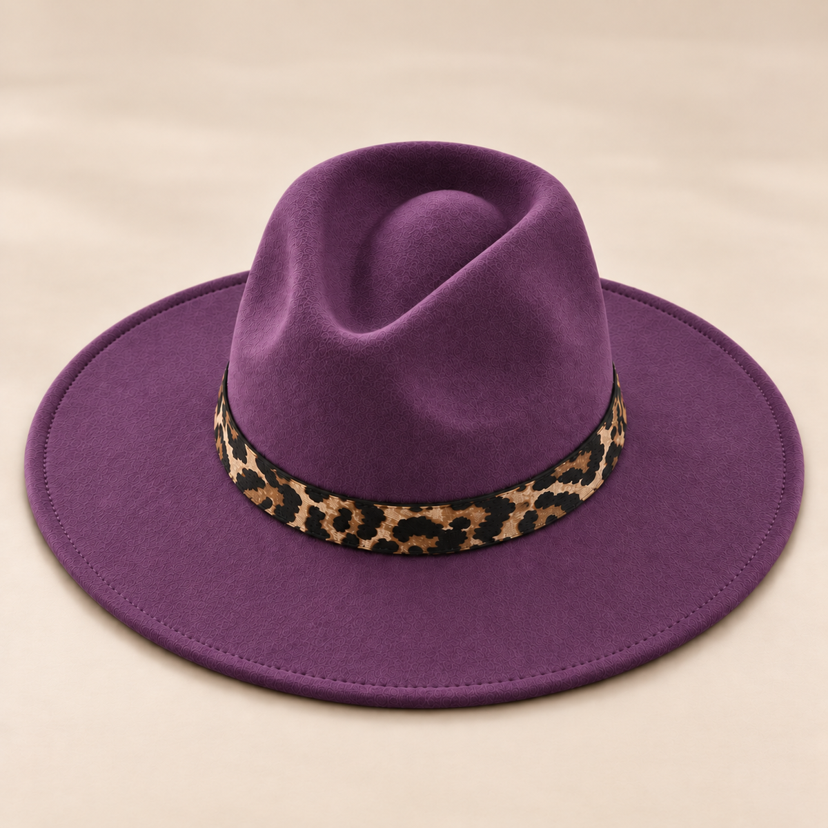Vegan Felt Flat Brim Rancher Hat with Leopard Print Band