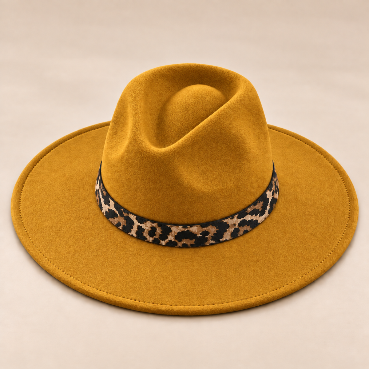 Vegan Felt Flat Brim Rancher Hat with Leopard Print Band