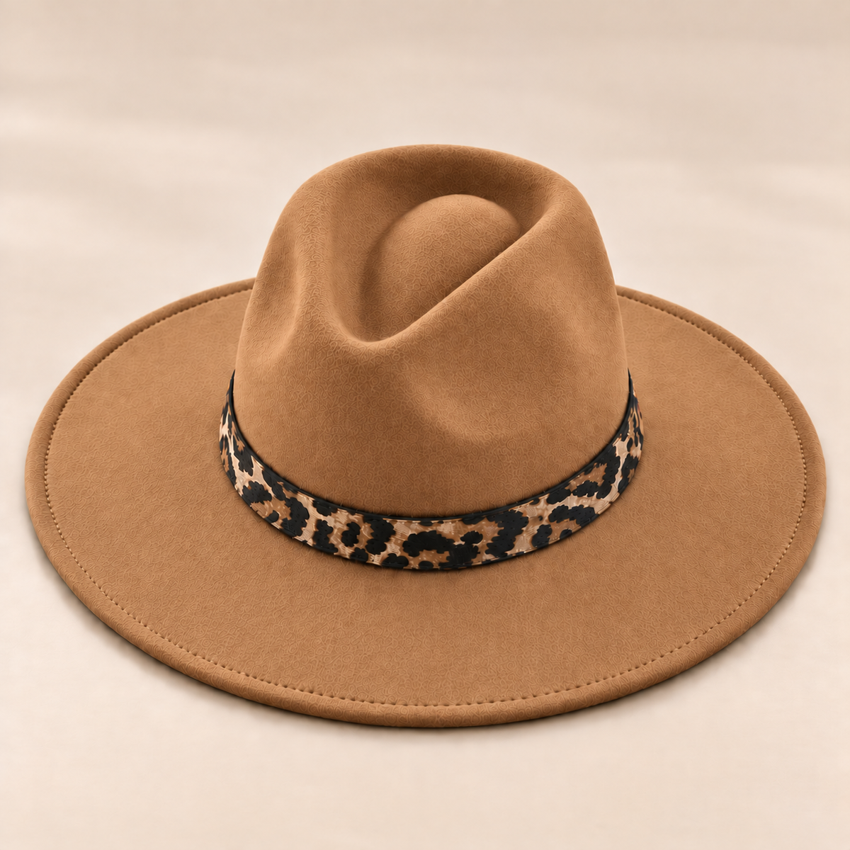 Vegan Felt Flat Brim Rancher Hat with Leopard Print Band