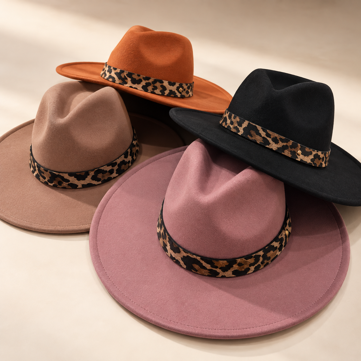 Vegan Felt Flat Brim Rancher Hat with Leopard Print Band