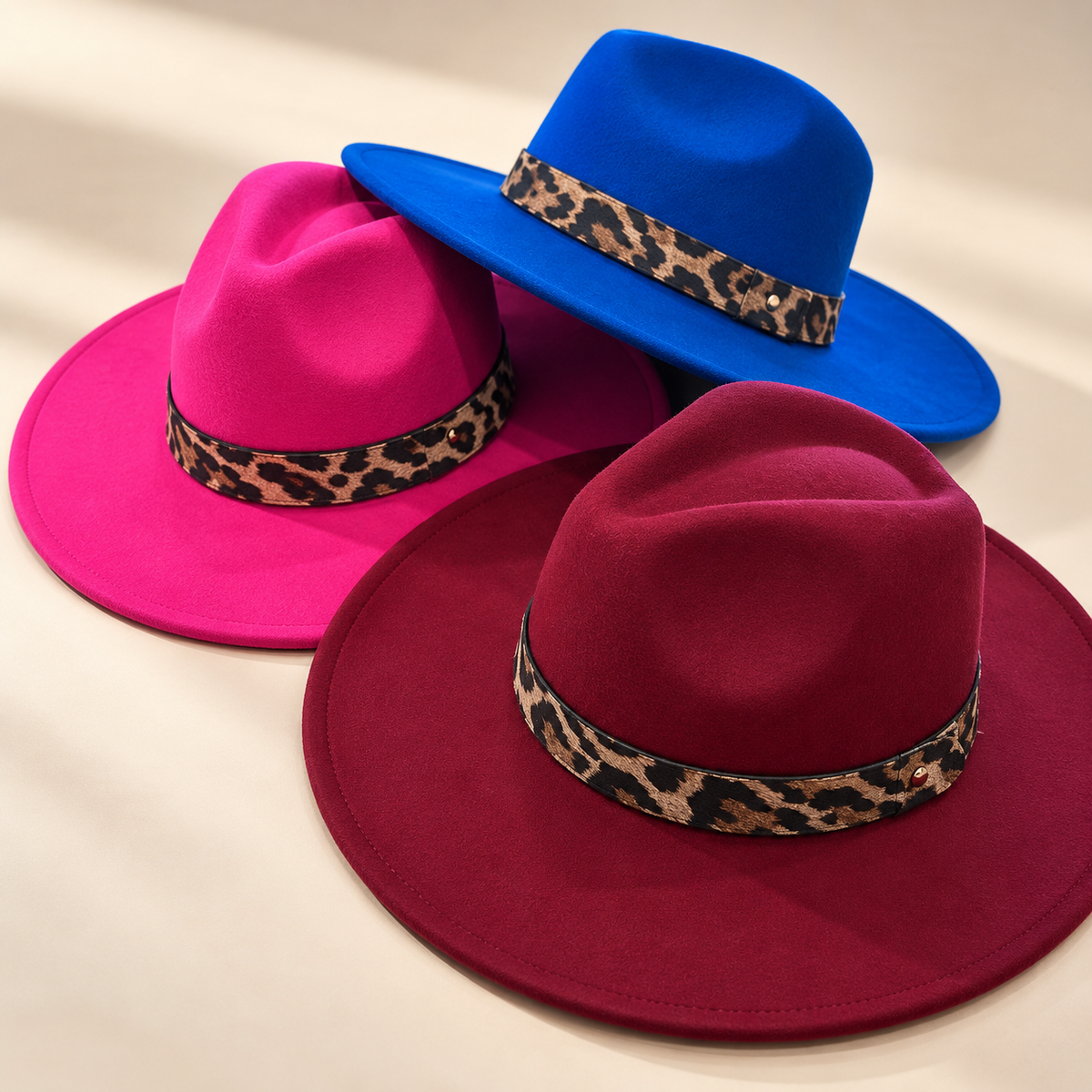 Vegan Felt Flat Brim Rancher Hat with Leopard Print Band
