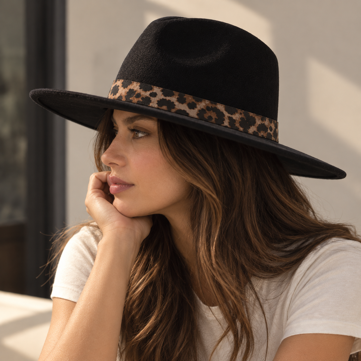 Vegan Felt Flat Brim Rancher Hat with Leopard Print Band