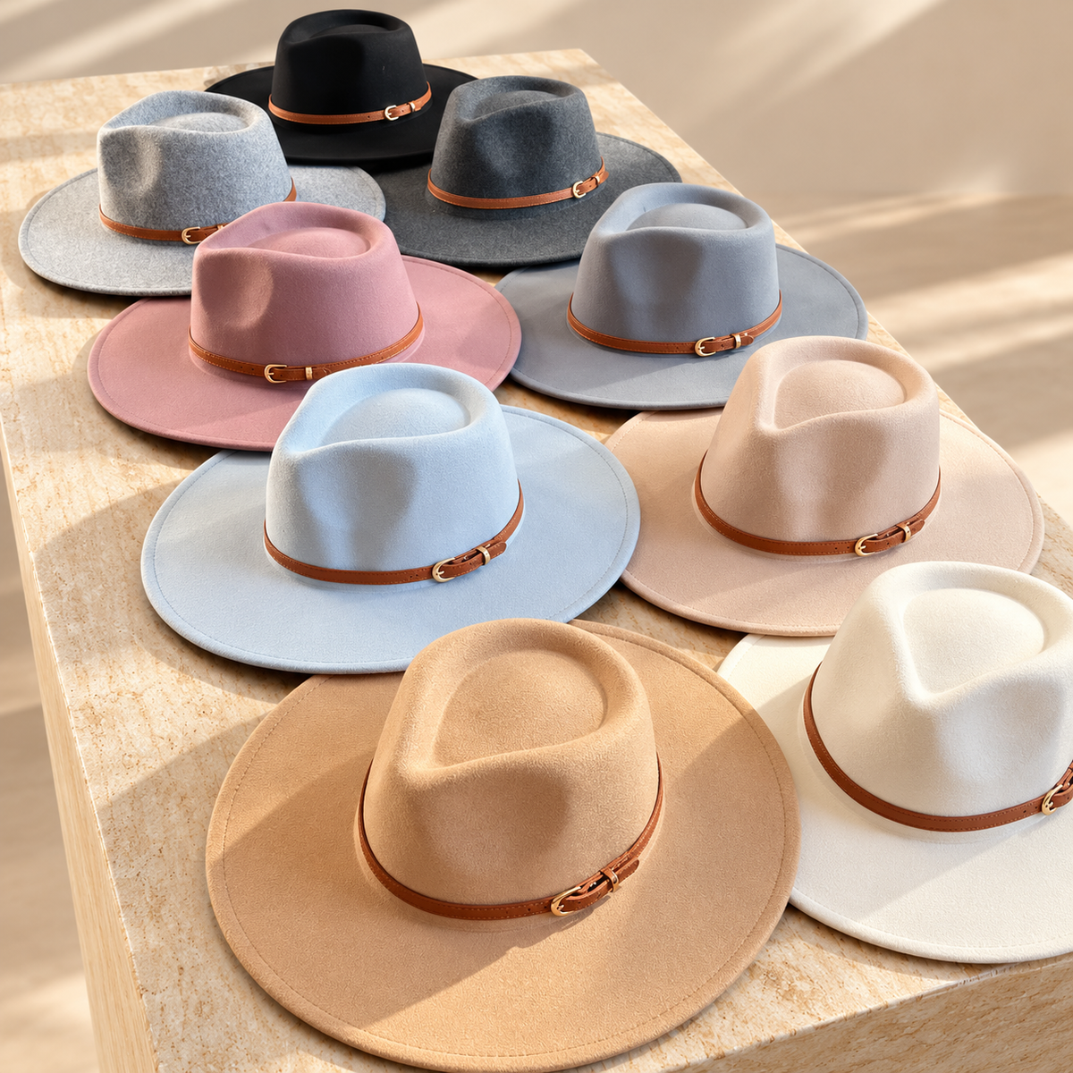 Vegan Felt Wide Brim Rancher Hat with Leather Belt