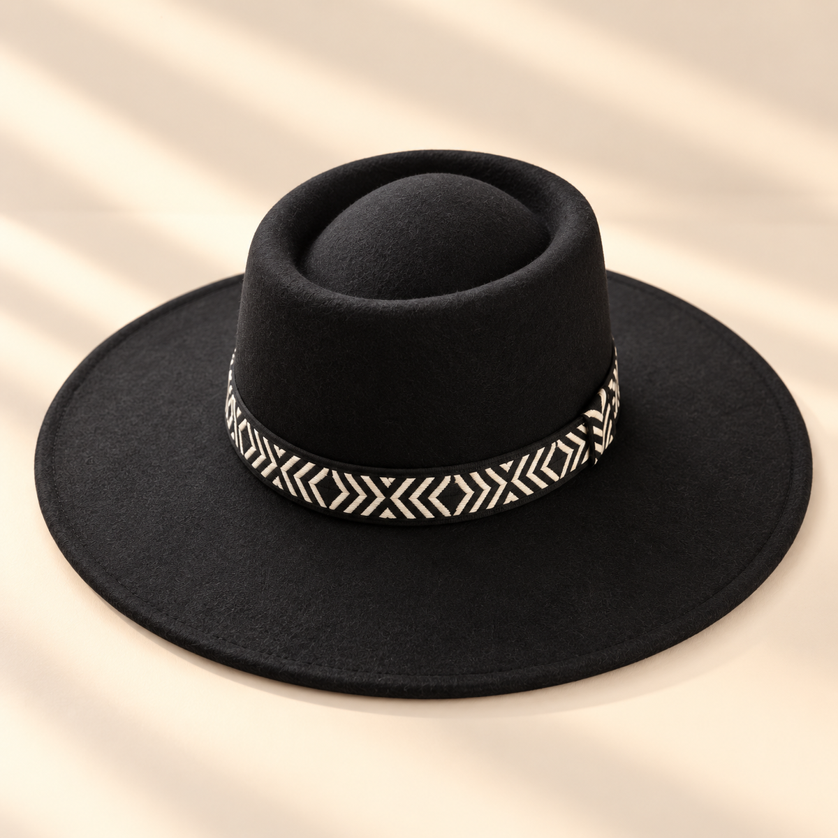 Wide Brim Vegan Felt Gambler Hat w/ Aztec Jacquard Band