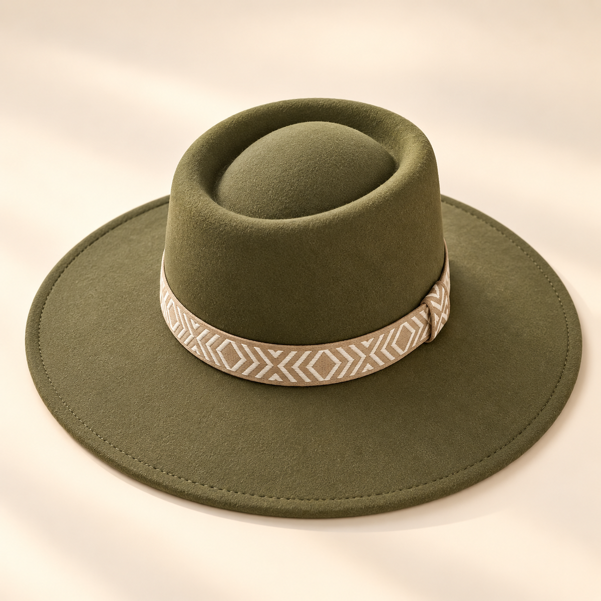 Wide Brim Vegan Felt Gambler Hat w/ Aztec Jacquard Band