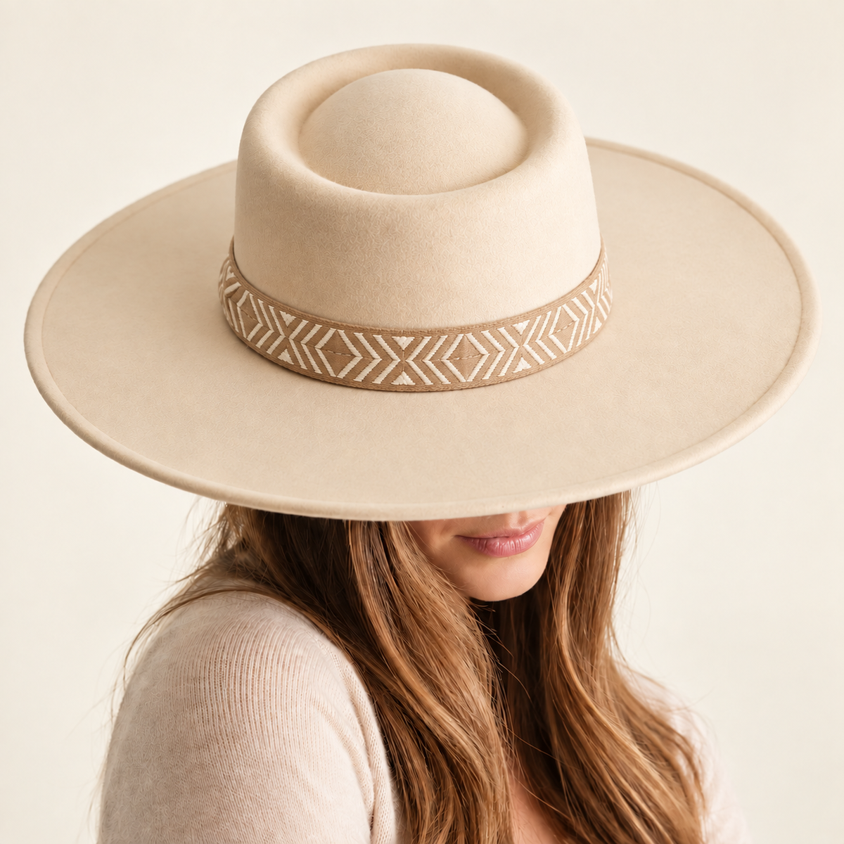Wide Brim Vegan Felt Gambler Hat w/ Aztec Jacquard Band
