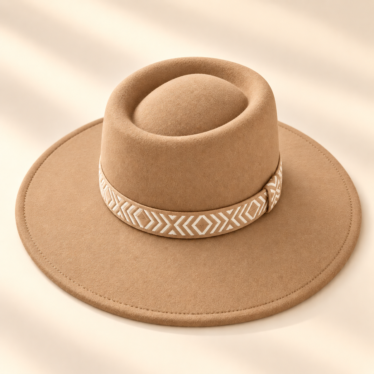 Wide Brim Vegan Felt Gambler Hat w/ Aztec Jacquard Band
