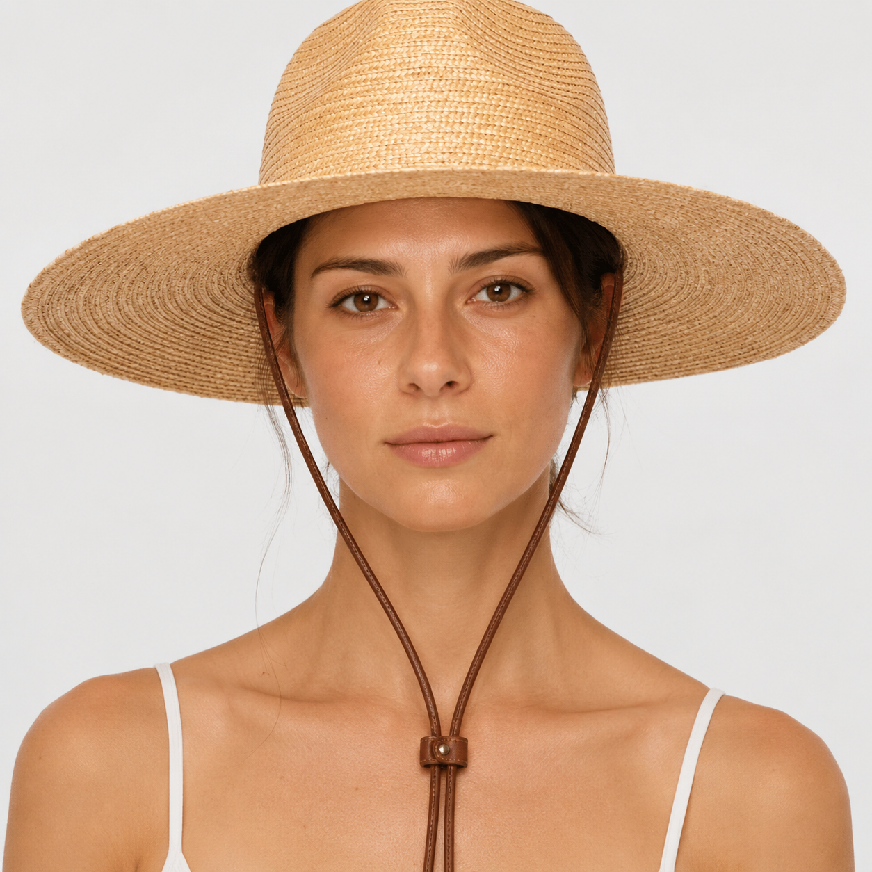 Wheat Straw Wide Brim Rancher Hat with Leather Chin Cord