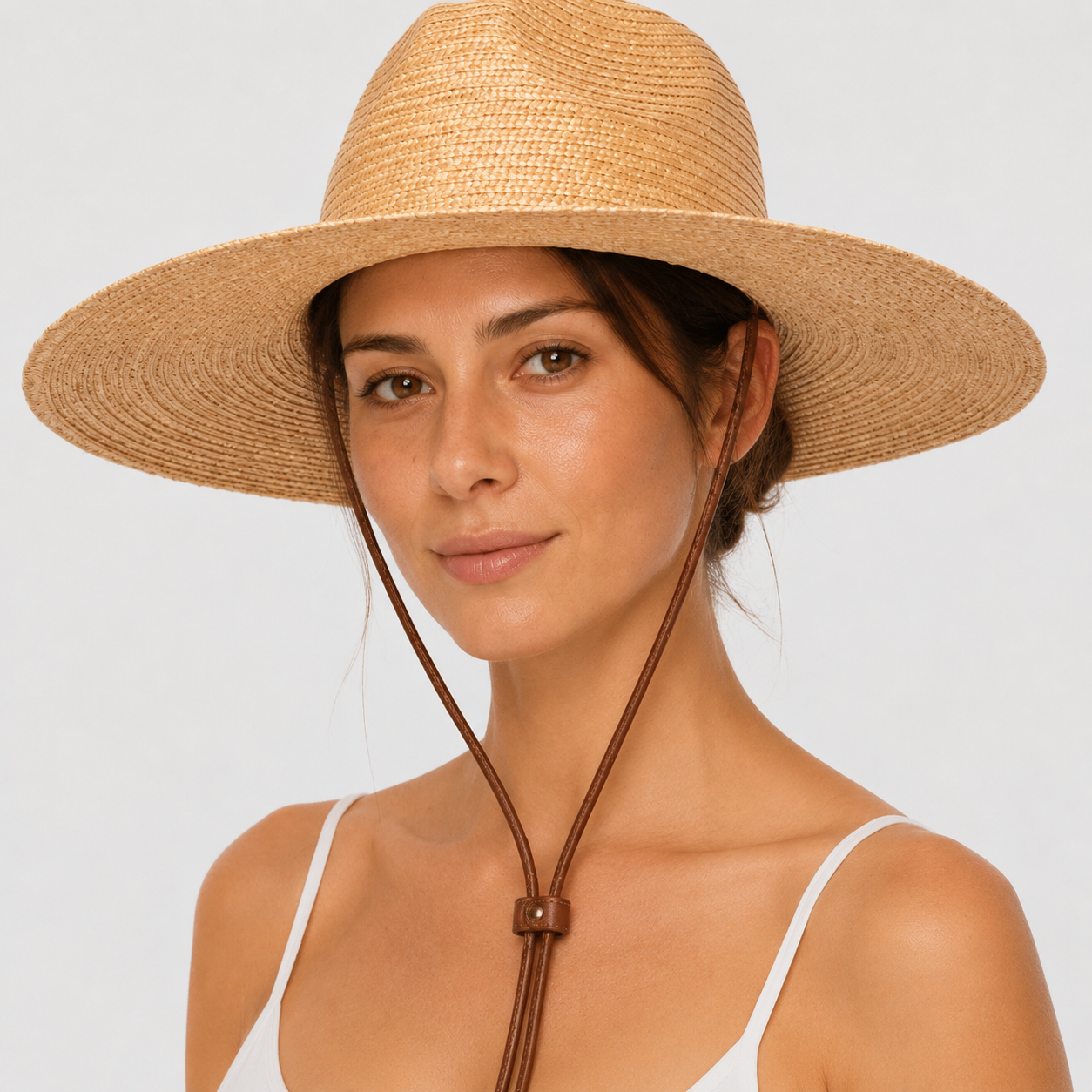 Wheat Straw Wide Brim Rancher Hat with Leather Chin Cord