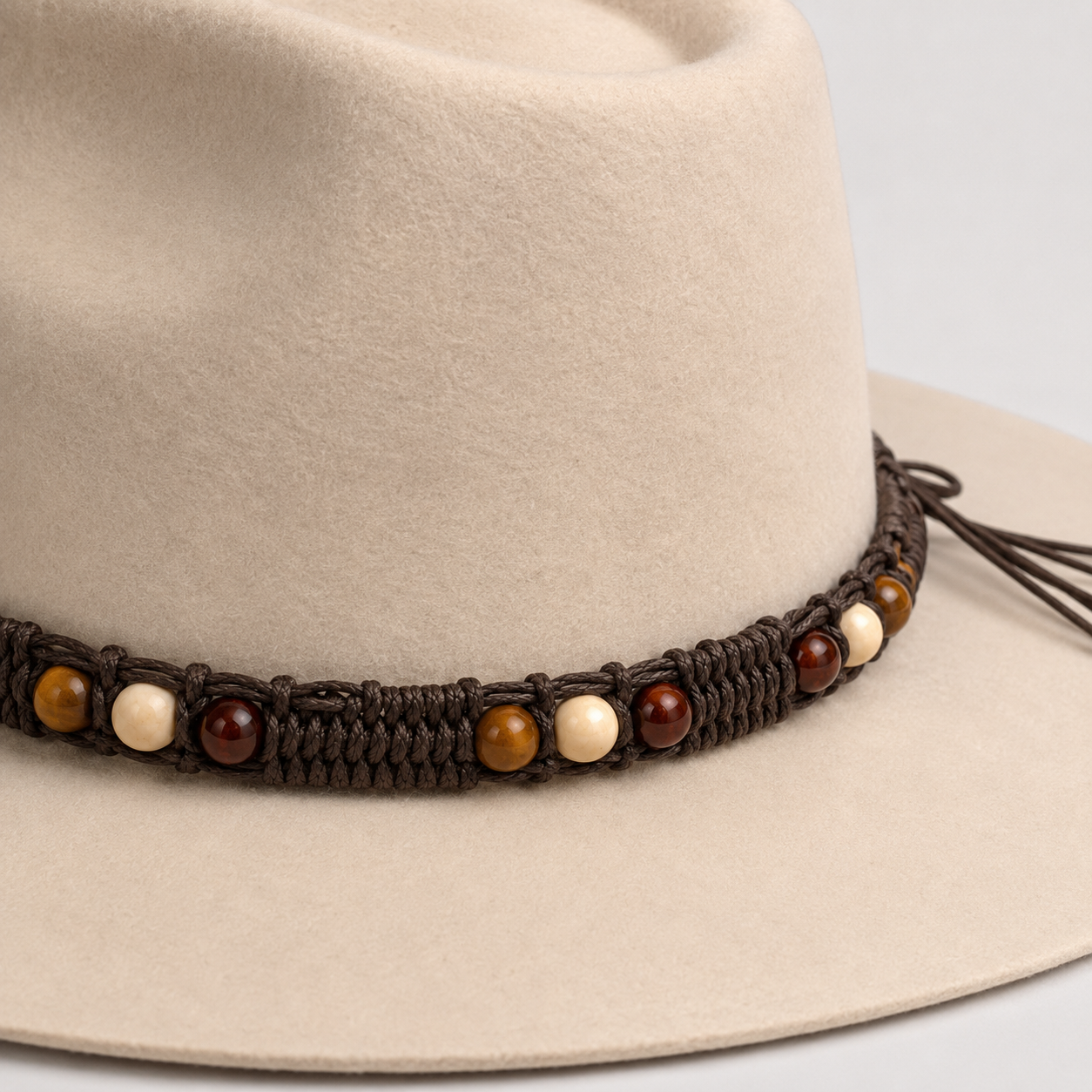 Boho Beaded Macramé Tie-On Hat Band – Brown