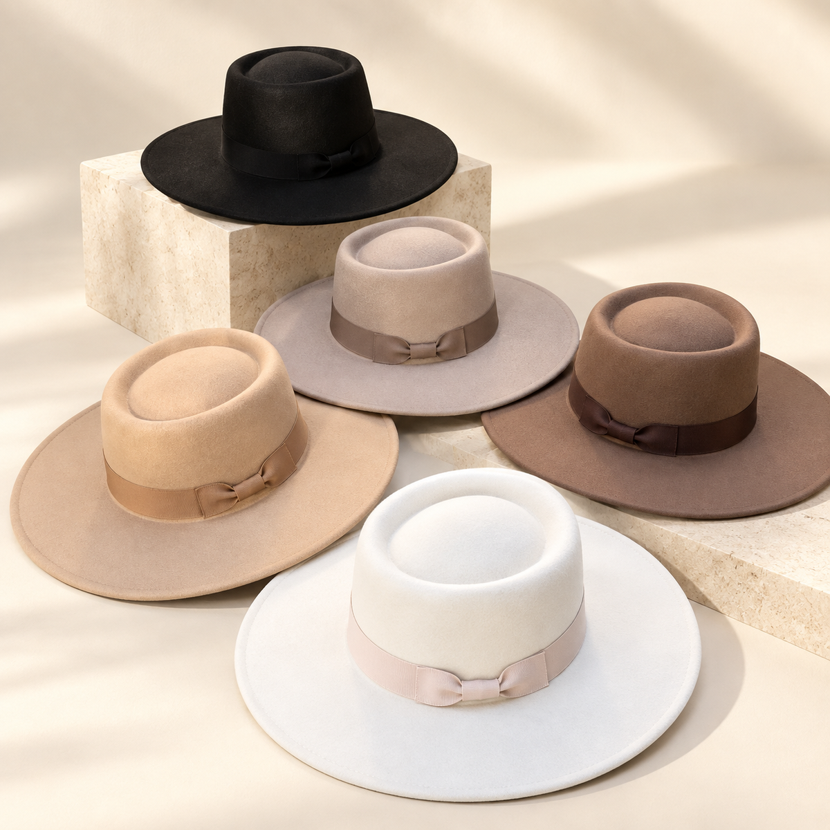 Wide Brim Vegan Felt Gambler Hat with Matching Grosgrain Band