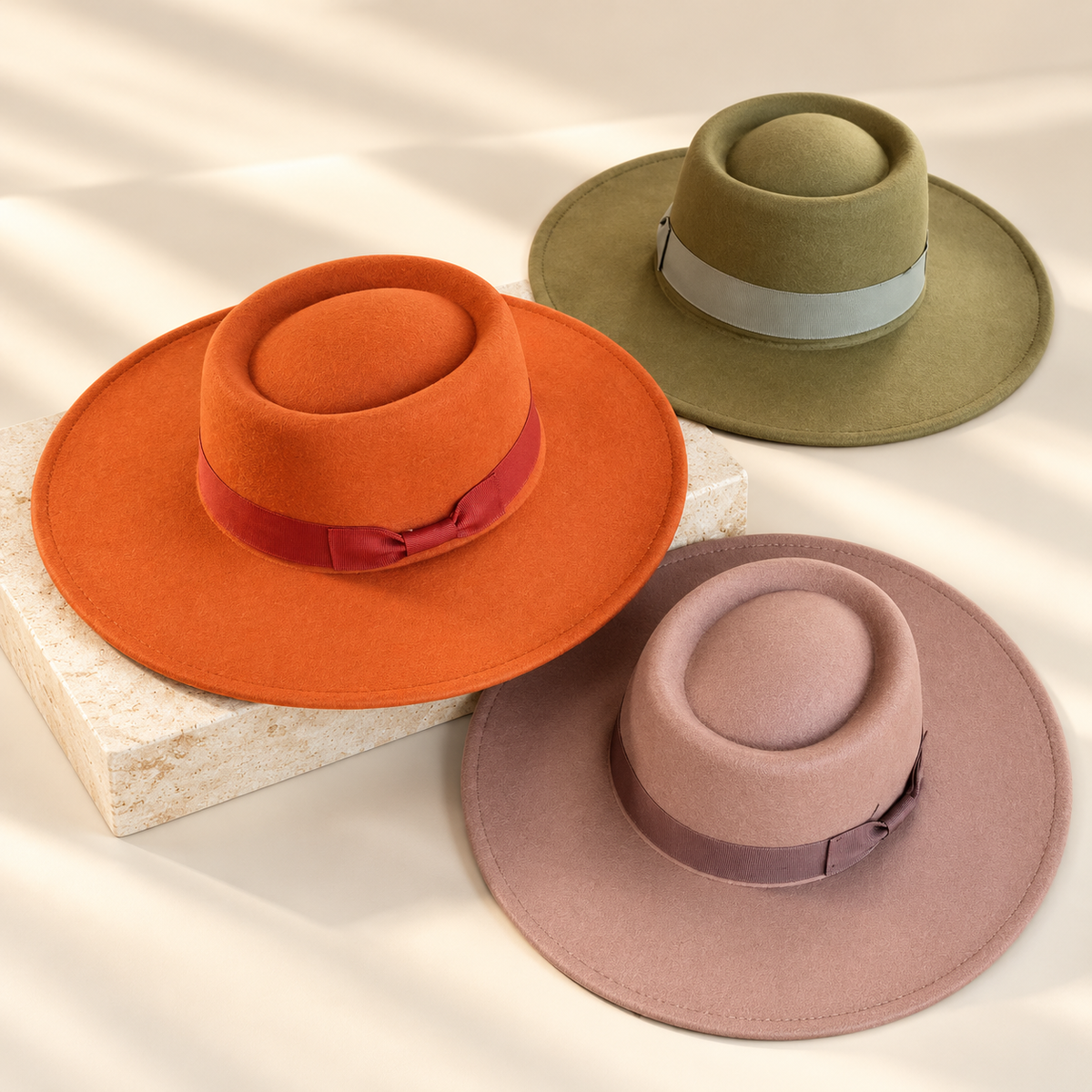 Wide Brim Vegan Felt Gambler Hat with Matching Grosgrain Band